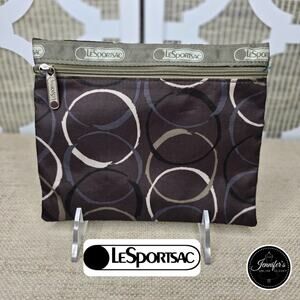 LeSportsac Brown Green Gray White Zip Makeup Bag